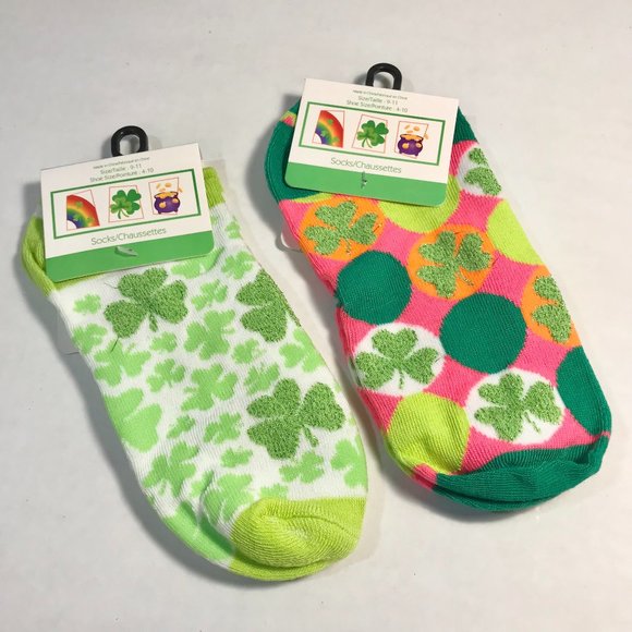 Shamrock Socks St Patricks Day Celtic Pink Green Clover 2 Pairs Lot Shamrocks - Picture 4 of 5